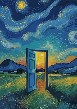 Open Door to Starry Night Landscape