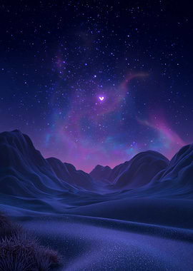 Starry Night Mountain Landscape with Heart