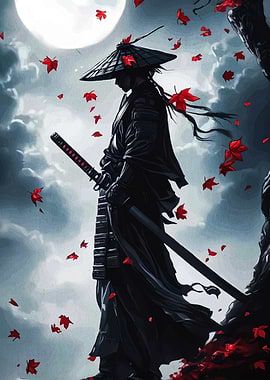Samurai in Moonlight with Falling Leaves