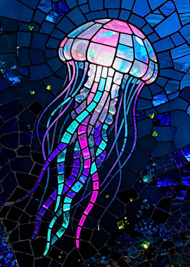 Neon Glowing Stained Glass Jellyfish Art in Dark Ocean