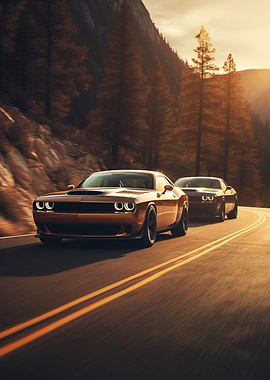 Two Muscle Cars on Road