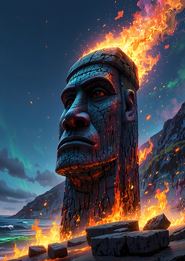 Burning Moai Statue on Beach