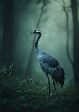 Crane in a Misty Forest