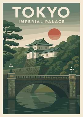 Tokyo Imperial Palace Poster, Vintage Japan Travel Art, Japanese Landmark Wall Decor Print