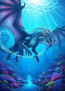 Majestic blue dragon swimming underwater surrounded by vibrant coral reef