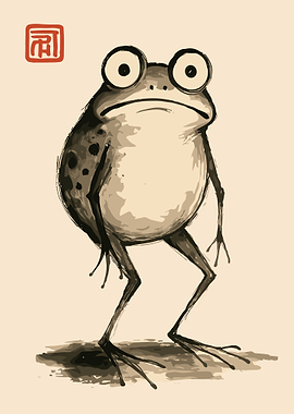 Ink Wash Frog Poster, Zen Asian Wall Art Print, Japanese Sumi Style Animal Illustration