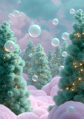 Pastel Christmas Trees with Floating Ornaments