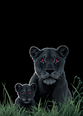 Lioness and Cub with Red Eyes