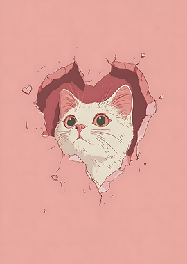 Cat peeking through heart-shaped hole Love Breaks Through