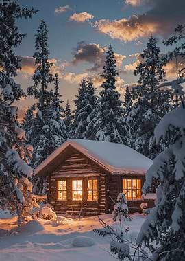 Winter Cabin at Sunset