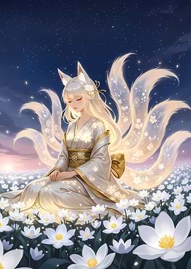 Nine-tailed Fox Girl in Flower Field