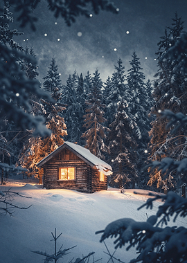 Winter Cabin in Snowy Forest