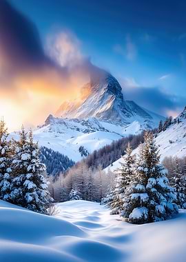 Snowy Mountain Landscape with Pine Trees