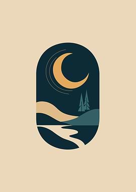 Minimalist Night Landscape with Crescent Moon