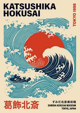 Hokusai Wave Art Print, Japanese Ocean Poster, Retro Tokyo 1998 Wall Decor Illustration