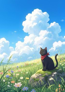Black Cat in a Flower Field