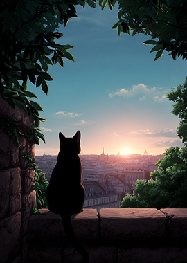 Black Cat Overlooking City at Sunset
