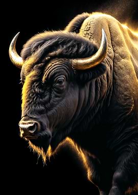 Golden Horned Bison on Black Background