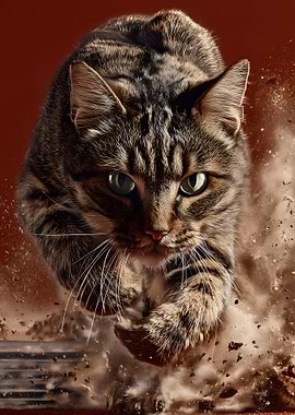 Focused Tabby Cat Leaping Forward