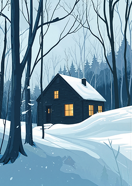 Winter Cabin in Snowy Forest