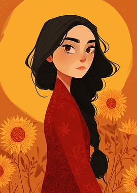 Woman in Red Dress with Sunflowers