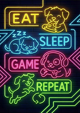 Eat Sleep Game Repeat Dog Neon Lights