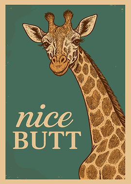 Giraffe Nice Butt Poster, Funny Animal Wall Art, Retro Safari Animal Illustration Print