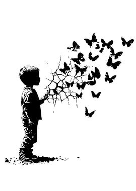 Boy with Butterflies Black and White