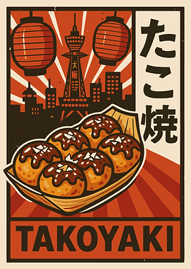 Takoyaki Osaka Retro Food Poster, Japanese Street Food Wall Art, Vintage Japan Illustration
