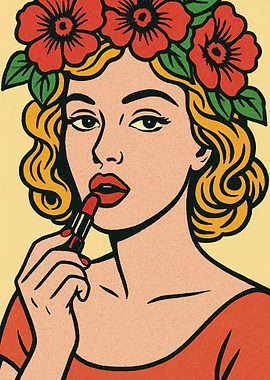 Woman Applying Lipstick with Floral Crown