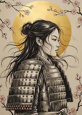 Samurai Woman with Cherry Blossoms