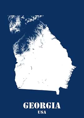 Georgia USA State Minimalist White Topographic Contour Relief Map featuring terrain on navy blue background