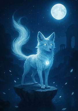 Mystical Blue Fox Under Moonlight