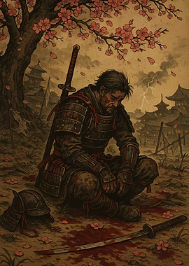 Samurai's Lament Under Cherry Blossoms
