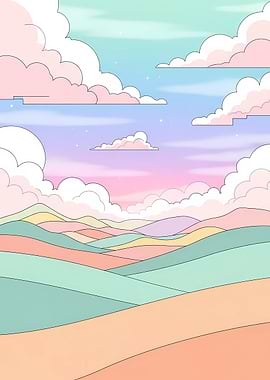 Pastel Landscape with Clouds and Hills