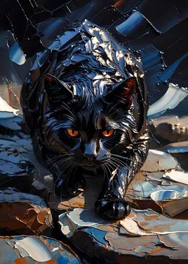 Black Cat Impasto Art: Hunter with Glowing Orange Eyes