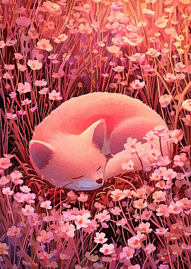 Sleeping Fox in a Field of Flowers