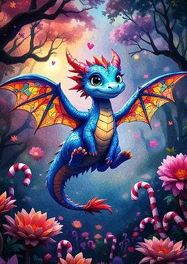 Cute Blue Dragon in Fantasy Landscape