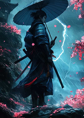 Samurai in Rain with Cherry Blossoms