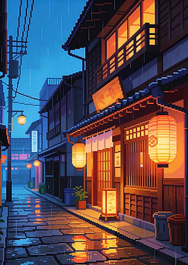 Rainy Japanese Street Pixel Art