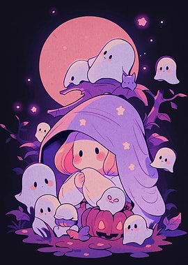 Cute Halloween Witch and Ghosts