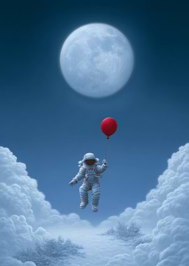 Astronaut with Balloon in Cloudy Sky