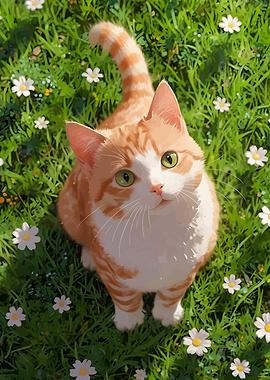 Orange Cat in a Daisy Field