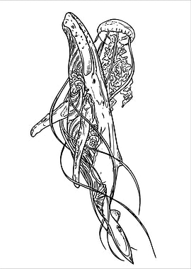 Whale and Jellyfish Line Art