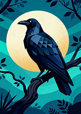 Geometric Raven Perched on Branch