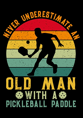 Old Man with a Pickleball Paddle Poster, Retro Sunset Sports Wall Art, Vintage Game Print