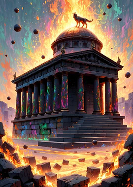 Temple with Wolf Statue in Flames