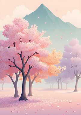 Cherry Blossom Landscape with Mountain