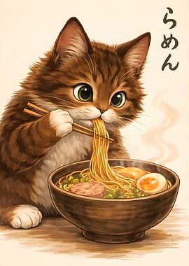 Cute Cat Eating Ramen