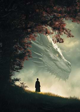 Dragon and Figure in Misty Landscape